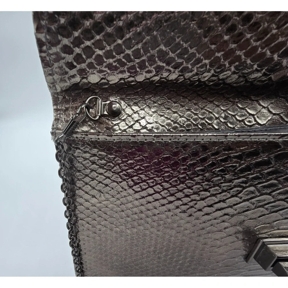 MMS Metallic Snakeskin Embossed Clutch Evening Bag Gunmetal Chain Strap